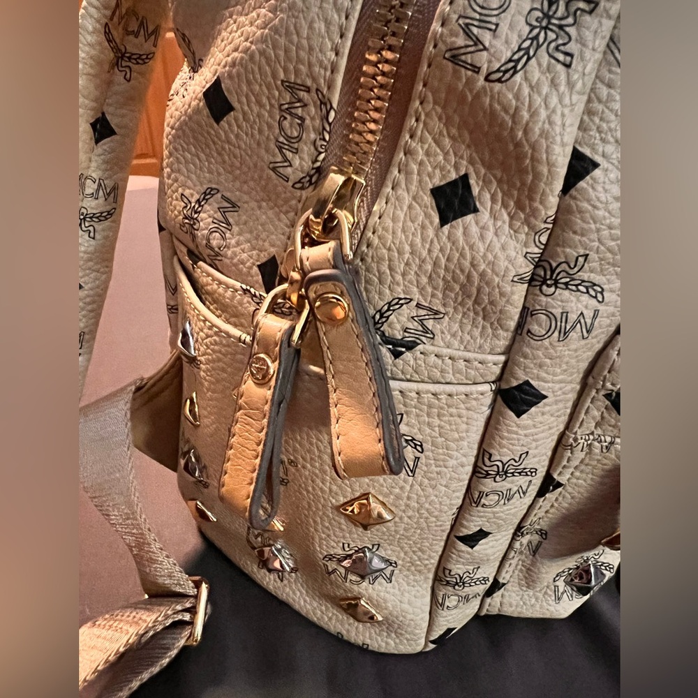 MCM Beige Visetos Silver and Gold Pyramid Studded Backpack with Dust Bag - Picture 8 of 16